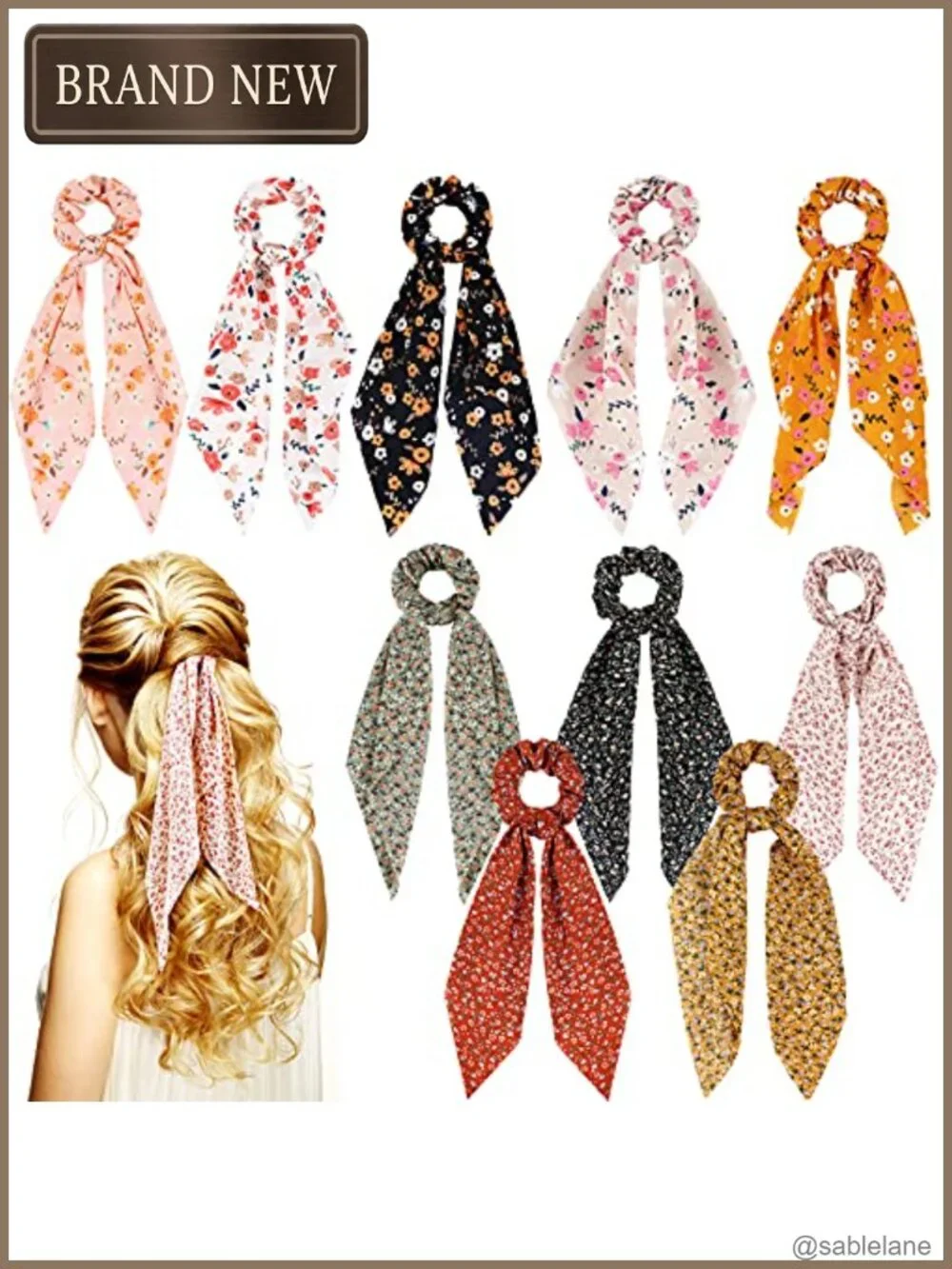 10 Pcs Satin Ribbon Hair Scrunchies with Bow Flower Ditsy Print for Ponytails